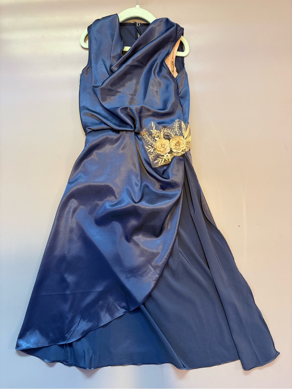 Weissman Navy Satin Dance Costume with Gold Floral Applique, LC